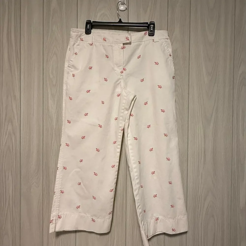 Women’s J Crew Favorite Fit White Crop Pants w embroidered pink turtles. Sz 12 - Picture 1 of 4